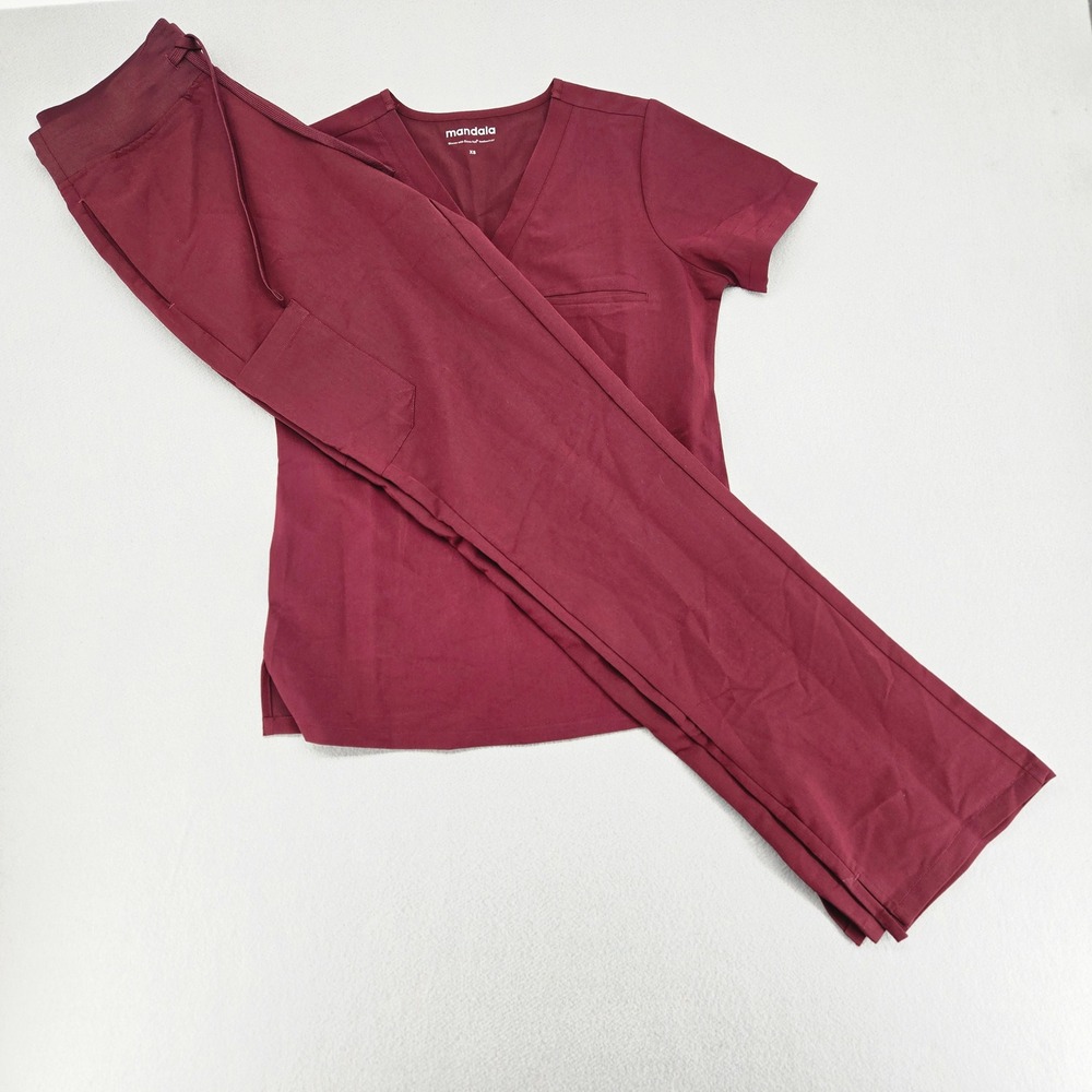 Mandala Equa-Tek Stretch Medical Scrubs Set V-Neck Top XS Tall Pants Wine Maroon